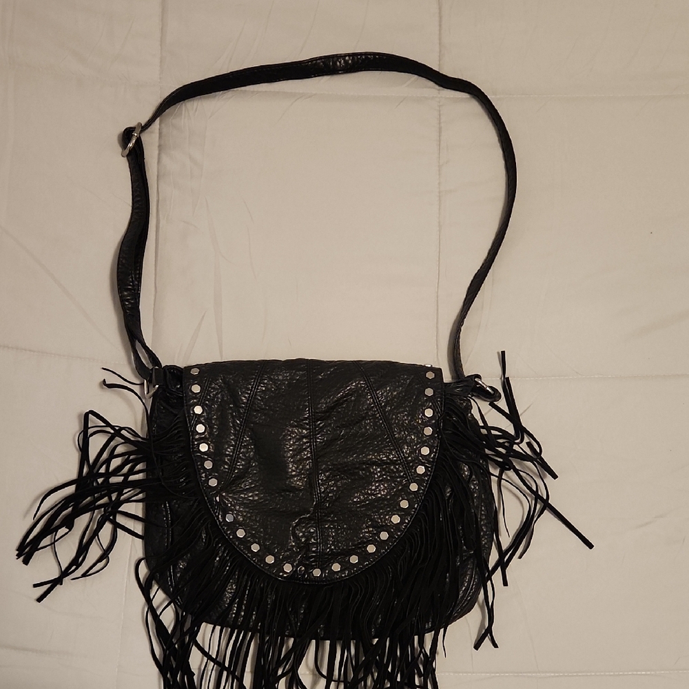 LD Black Leather Crossbody Bag with Fringe